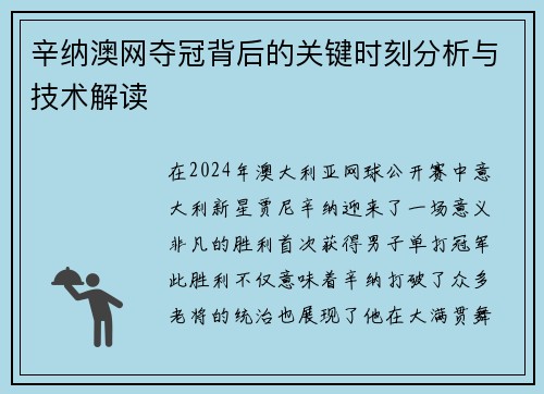 辛纳澳网夺冠背后的关键时刻分析与技术解读 辛纳澳网夺冠背后的关键时刻分析与技术解读