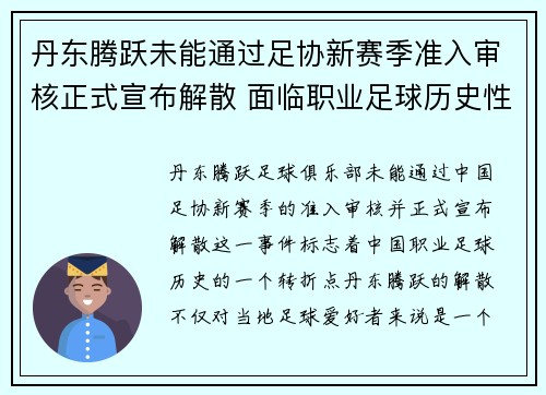 丹东腾跃未能通过足协新赛季准入审核正式宣布解散 面临职业足球历史性转折