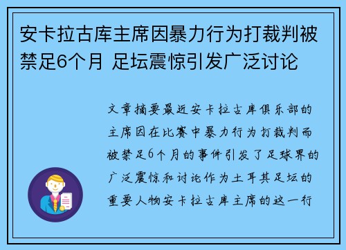 安卡拉古库主席因暴力行为打裁判被禁足6个月 足坛震惊引发广泛讨论 安卡拉古库主席因暴力行为打裁判被禁足6个月 足坛震惊引发广泛讨论